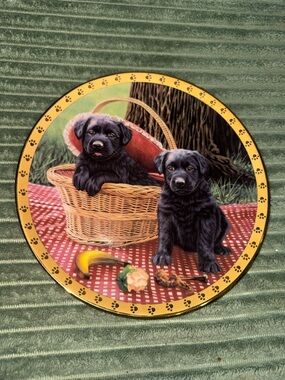 The Hamilton Collection Round Decorative Plate with Black Labrador Puppies